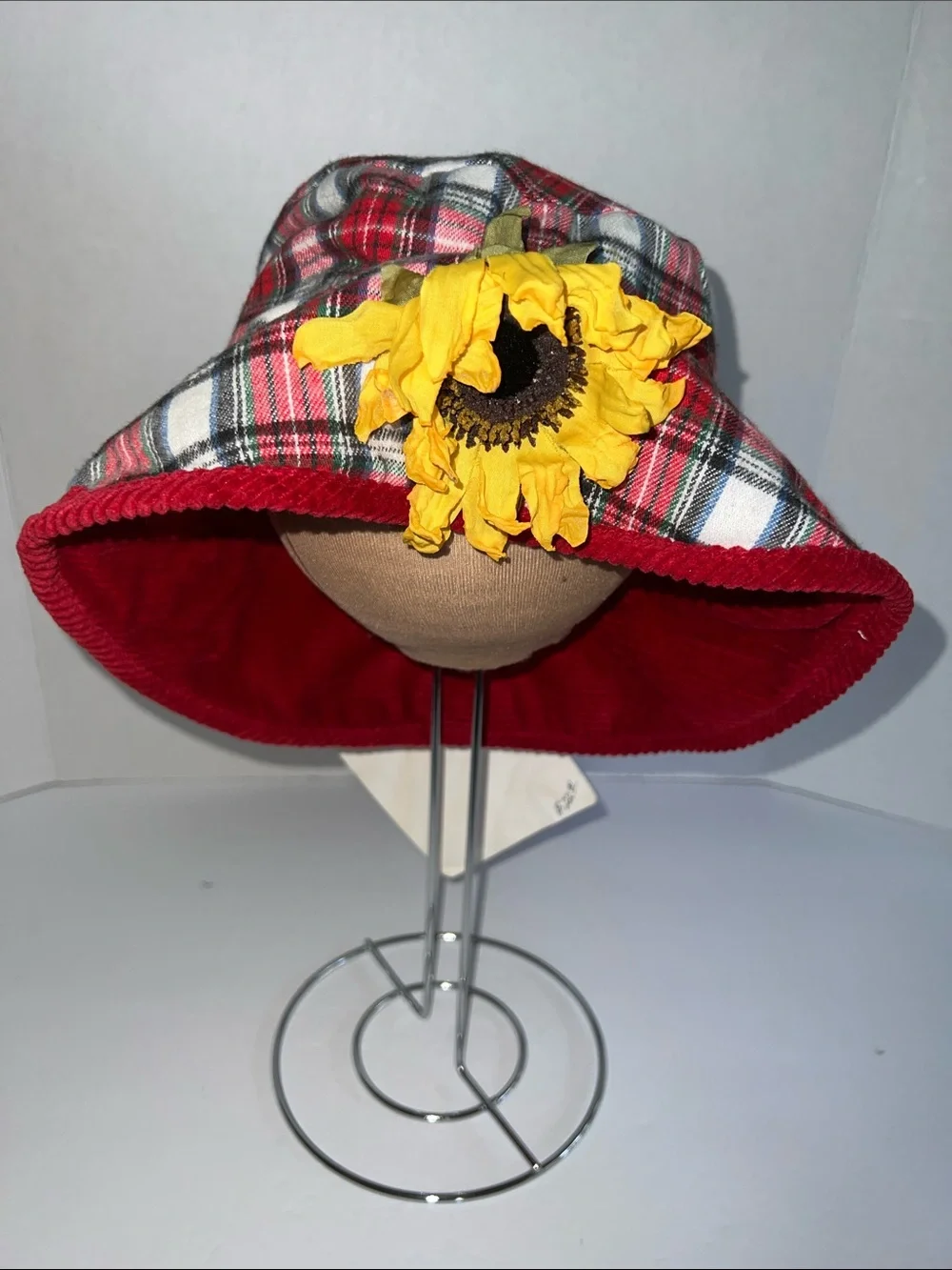 Kids Red Corduroy Bucket Hat with Plaid Lining and Sunflower Accent